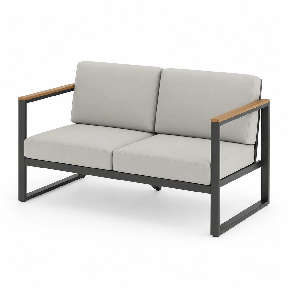 Canapé d'extérieur en aluminium avec accoudoirs en bois et coussins en polyester gris