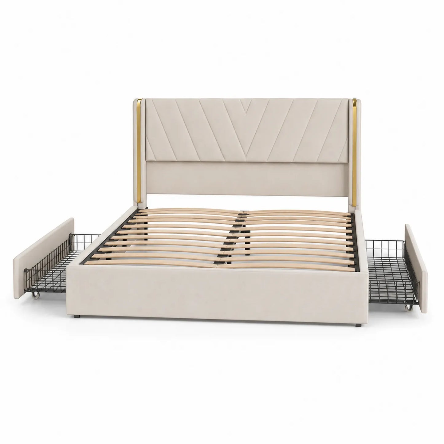 Lit en Bois et Tissu Beige avec Tiroirs de Rangement 160x200 cm