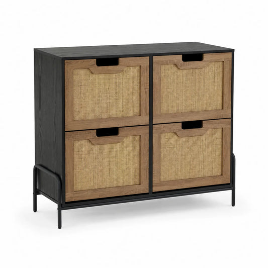 Commode 4 tiroirs en bois et rotin noir