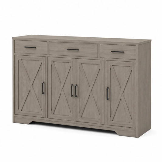 Buffet en bois de pin avec 4 portes et 3 tiroirs Gris