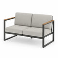 Canapé d'extérieur en aluminium avec accoudoirs en bois et coussins en polyester gris