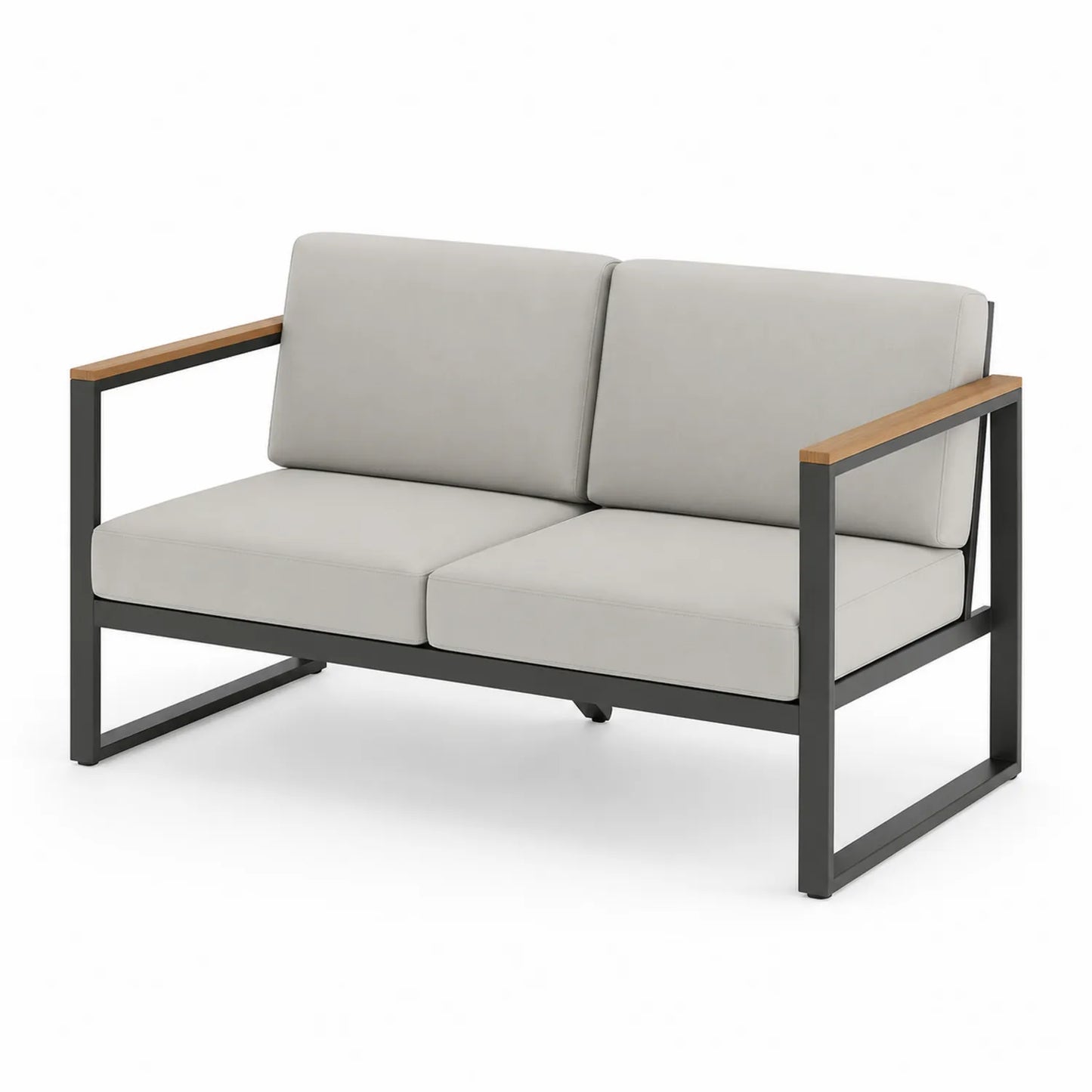 Canapé d'extérieur en aluminium avec accoudoirs en bois et coussins en polyester gris