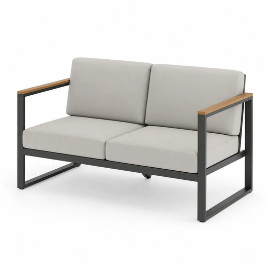 Canapé d'extérieur en aluminium avec accoudoirs en bois et coussins en polyester gris