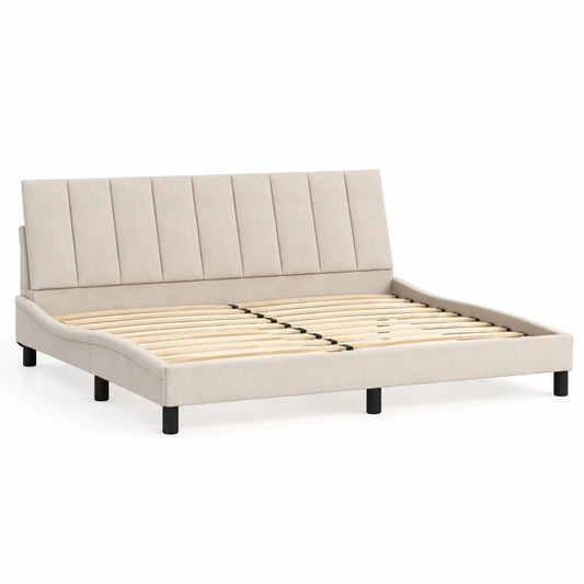 Lit double en tissu polyester beige avec sommier à lattes