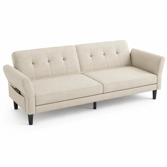Canapé convertible en velours avec pieds en bois, dimensions 200x85x90 cm