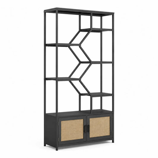 Étagère en métal noir avec portes en osier
