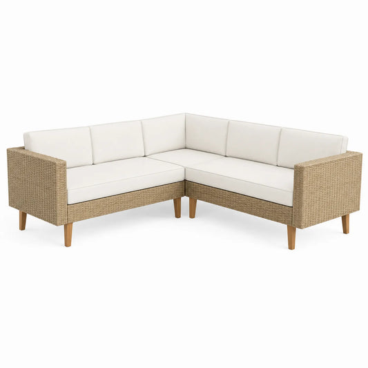 Canapé d'angle en rotin beige coussins blancs