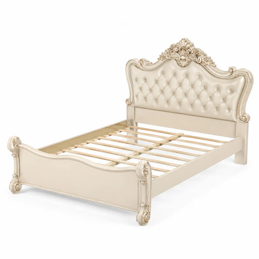 Lit en bois avec tête de lit matelassée en cuir PU crème 200x160 cm