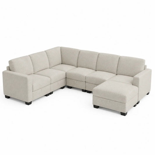 Canapé d'angle modulable en tissu polyester beige 6 places
