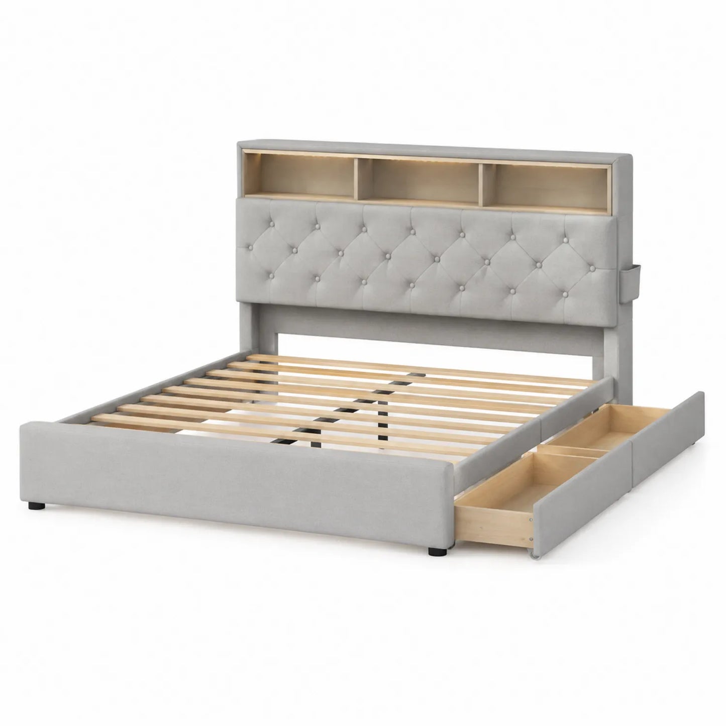 Lit double en tissu avec rangement et étagères intégrées 200x150 cm